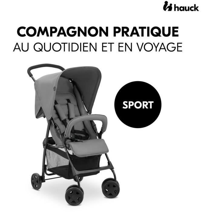 HAUCK - Poussette canne - SPORT - Pliable & inclinable - Capote Pare-Soleil - 4 roues - Gris