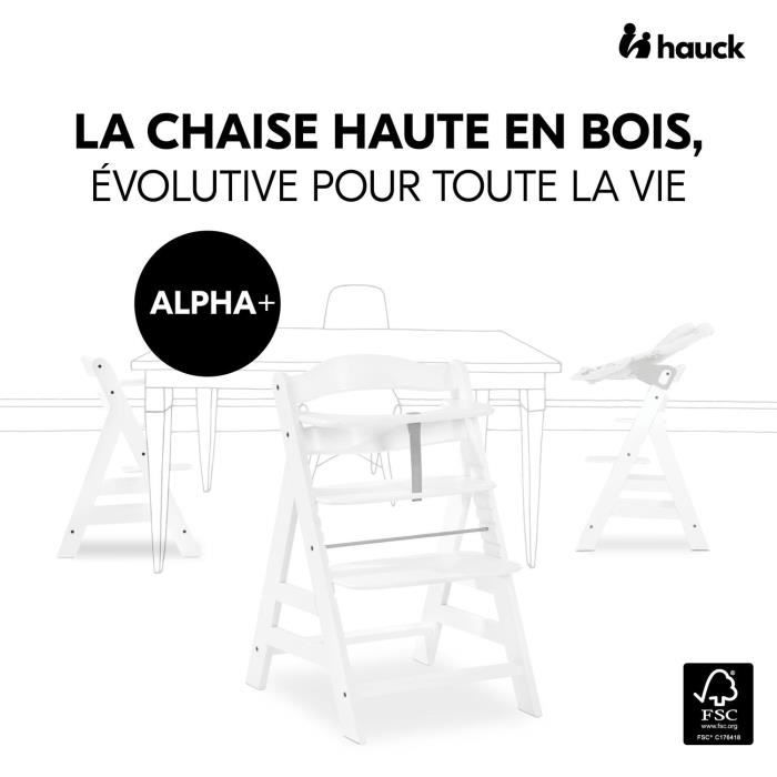 Chaise haute - HAUCK - ALPHA+B - Evolutive - De 6 mois a 90 kg - Bois FSC - Harnais 5 points - Blanc