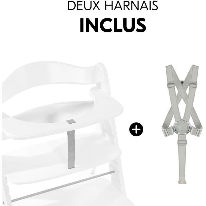 Chaise haute - HAUCK - ALPHA+B - Evolutive - De 6 mois a 90 kg - Bois FSC - Harnais 5 points - Blanc