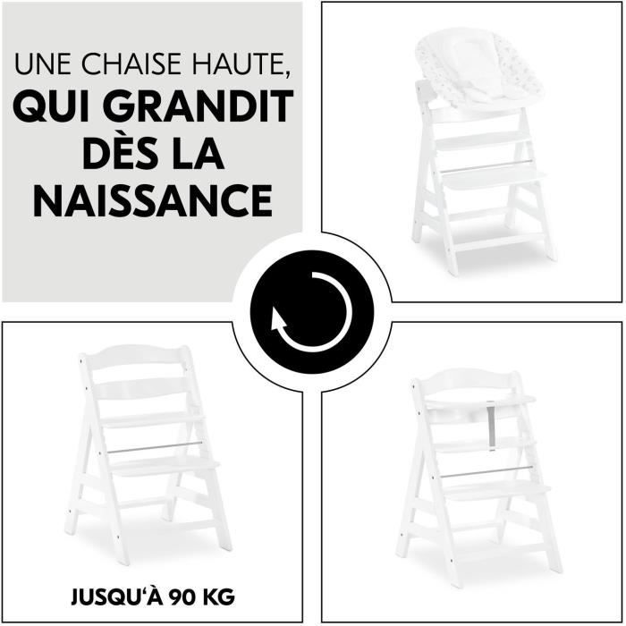 Chaise haute - HAUCK - ALPHA+B - Evolutive - De 6 mois a 90 kg - Bois FSC - Harnais 5 points - Blanc