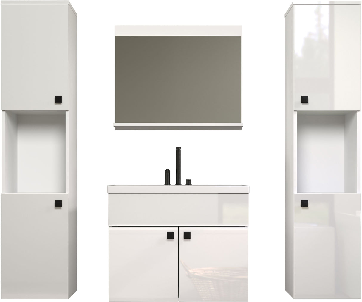 Salle de bain complete - Blanc brillant - 2 colonnes a suspendre + Meuble vasque + miroir - HAVEN