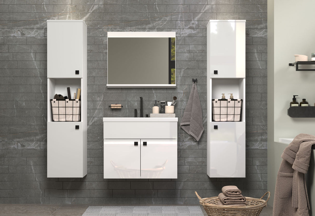 Salle de bain complete - Blanc brillant - 2 colonnes a suspendre + Meuble vasque + miroir - HAVEN