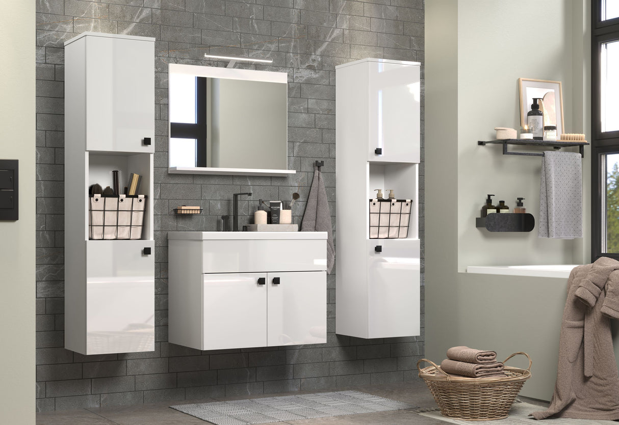 Salle de bain complete - Blanc brillant - 2 colonnes a suspendre + Meuble vasque + miroir - HAVEN