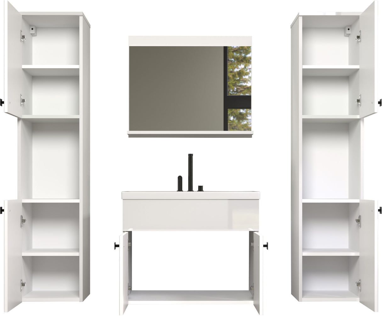 Salle de bain complete - Blanc brillant - 2 colonnes a suspendre + Meuble vasque + miroir - HAVEN