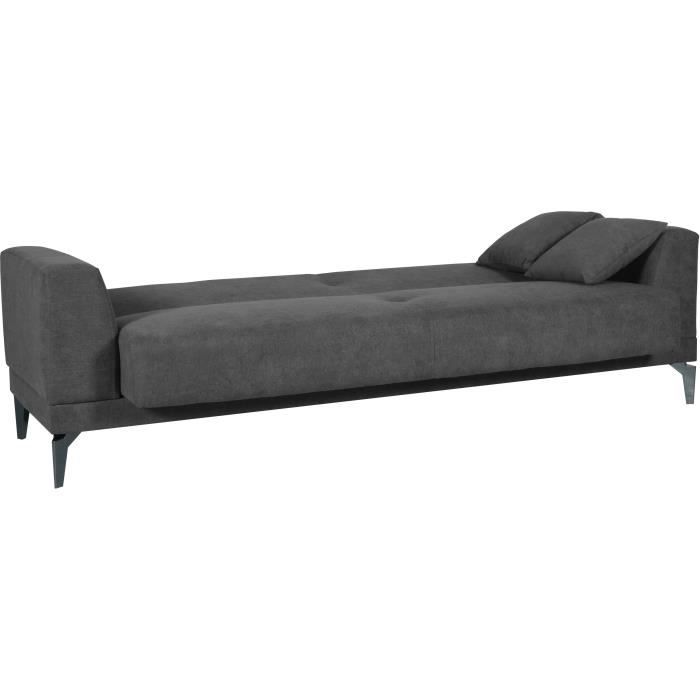 Canapé convertible 3 places - HENRY - Tissu gris clair - 3 coussins - coffre de rangement - 234 x 85 x 84 cm