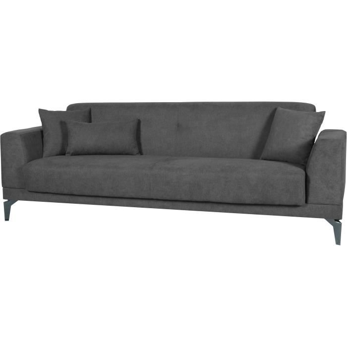 Canapé convertible 3 places - HENRY - Tissu gris clair - 3 coussins - coffre de rangement - 234 x 85 x 84 cm