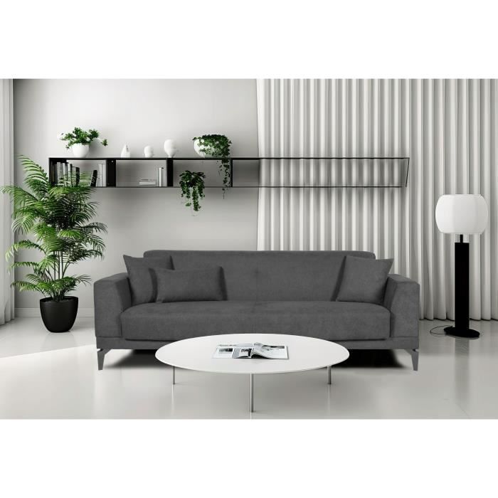 Canapé convertible 3 places - HENRY - Tissu gris clair - 3 coussins - coffre de rangement - 234 x 85 x 84 cm