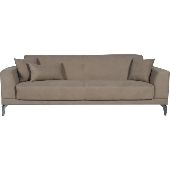 CanapÈ convertible 3 places - HENRY - Tissu marron - 3 coussins - coffre de rangement - 234 x 85 x 84 cm