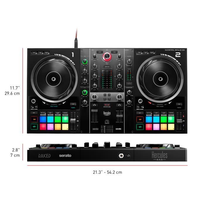 HERCULES DJCONTROL INPULSE 500 - Contrôleur DJ - Interface audio et mixeur hardware intégrés - 16 pads rétroéclaires (RGB) - Noir