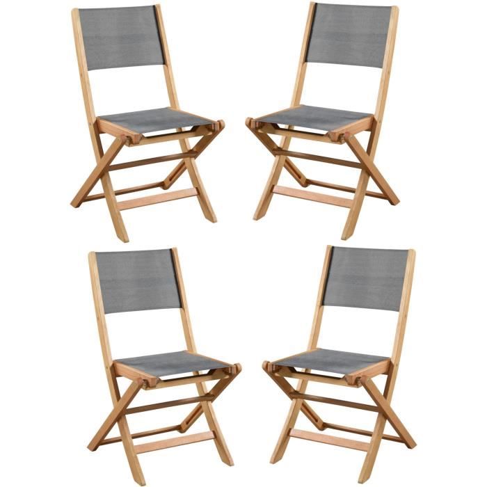 Lot de 4 chaises de jardin en bois d'acacia FSC et assise textilene - 50 x 57 x 90 cm - Gris