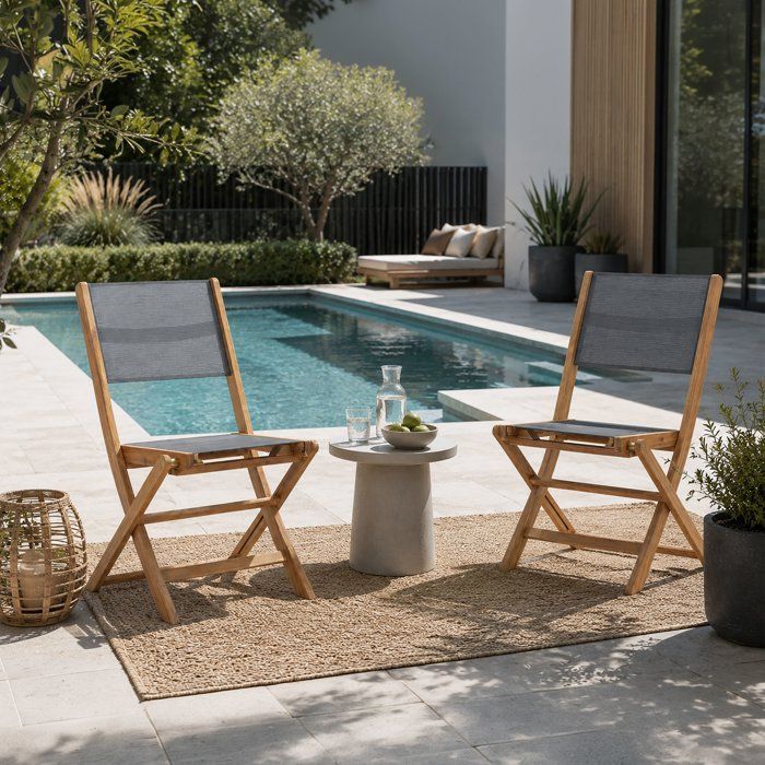 Lot de 2 chaises de jardin pliantes en bois d'acacia FSC - EDEN - Assise textilene - Gris - 58 x 58 x H90 cm