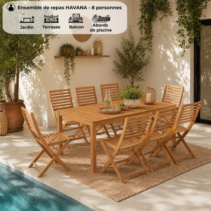 Ensemble repas de jardin - HAVANA - Bois Eucalyptus FSC - Table 180 x 90 cm + 8 chaises - 8 personnes