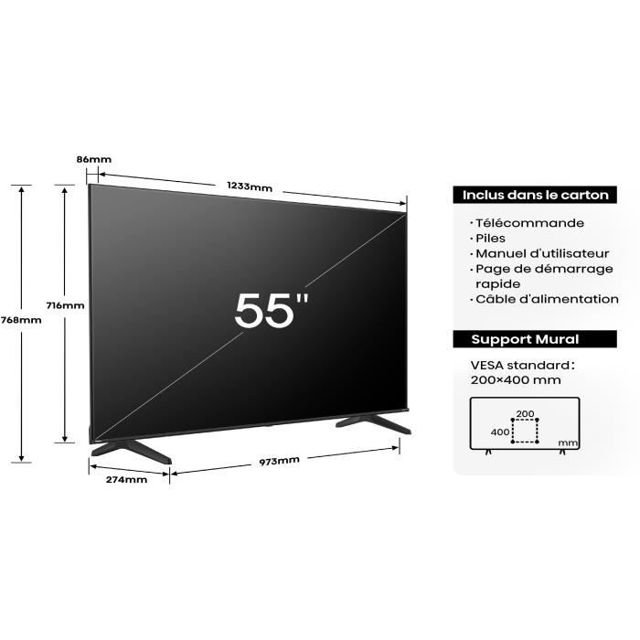 TV LED HISENSE 55A6N - 55 4K UHD - Dolby Vision - Smart TV - 3xHDMI - Bords ultra fins