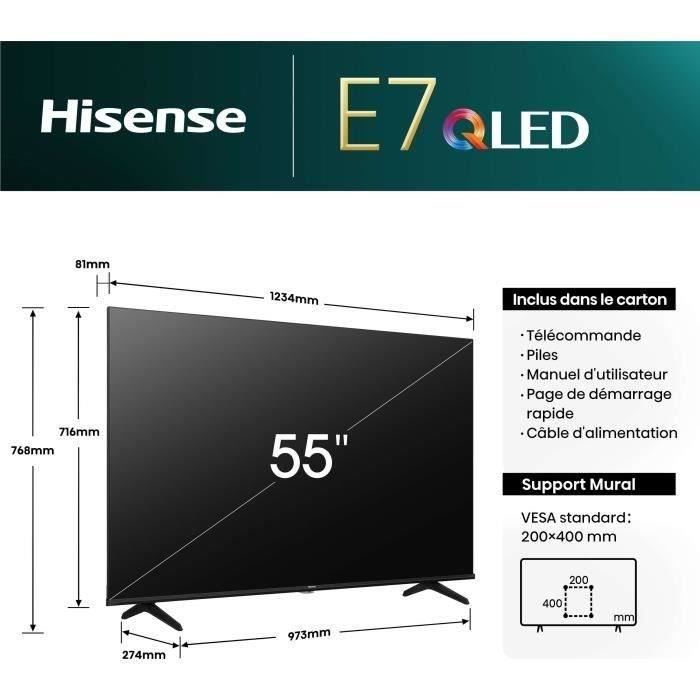 HISENSE 55E7NQ - TV QLED 55'' (139 cm) - 4K UHD 3840x2160 - 60Hz - HDR 10+ - Smart TV - 3 x HDMI