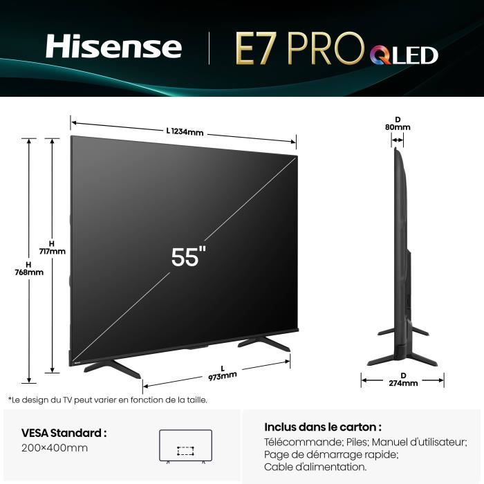 Hisense 55E7Q Pro - TV QLED 55 (139 cm) - 4K UHD 3840x2160 - 144 Hz - HDR10+ - TV connecté - 4xHDMI 2.1 - WiFi