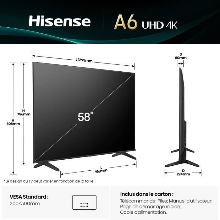 Hisense 58A6Q - TV LED 58 (146 cm) - 4K UHD 3840x2160 - HDR10+ - TV connecté - 4xHDMI 2.1 - WiFi
