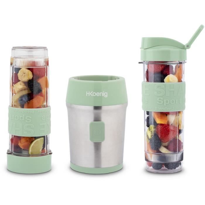 Mini blender - H.KoeNIG - SMOO18 - 300 W - 570 mL - Vert pastel - Gourdes incluses - Sans BPA