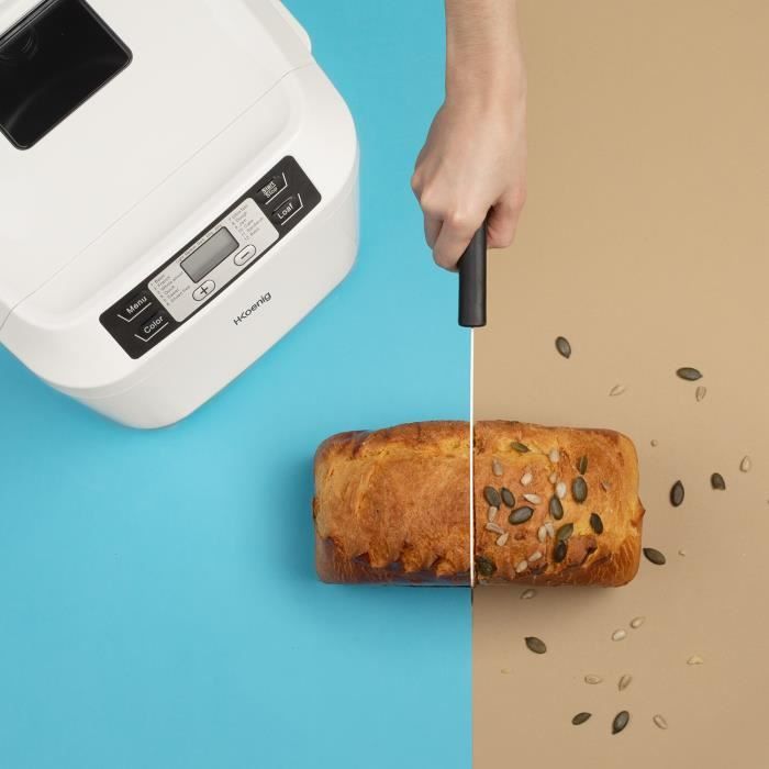 Machine a pain HKoeNIG - BAKE340 - 12 programmes - 3 niveaux de cuisson - Jusqu'a 800g de pain - 550W - Blanc