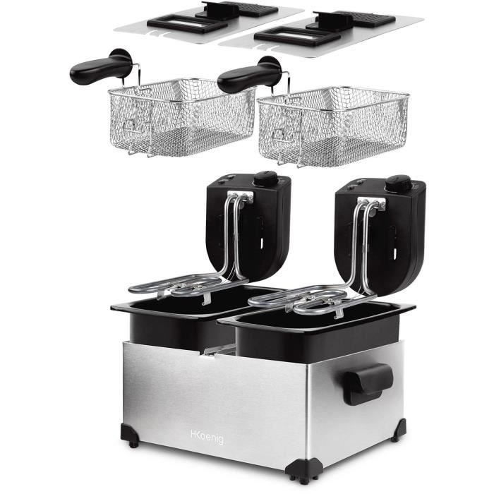 HKoeNIG DFX600 - Friteuse double bac 2x3L - 3600W - 2 thermostats indÈpendants - Paniers amovibles - Filtres anti-odeurs - Acier