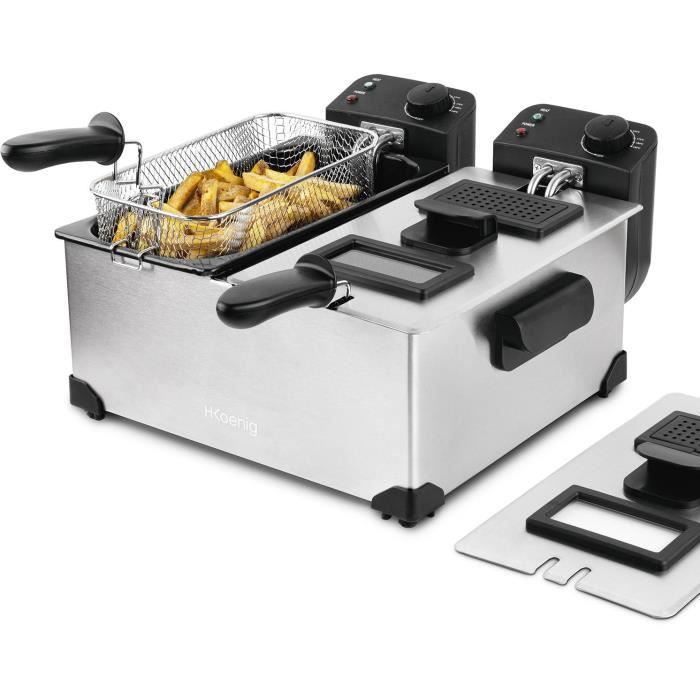 Friteuse HKoeNIG - DFX600 - Double Cuve 2x3L - Thermostats indépendants - Paniers amovibles - Acier inoxydable - 3600W