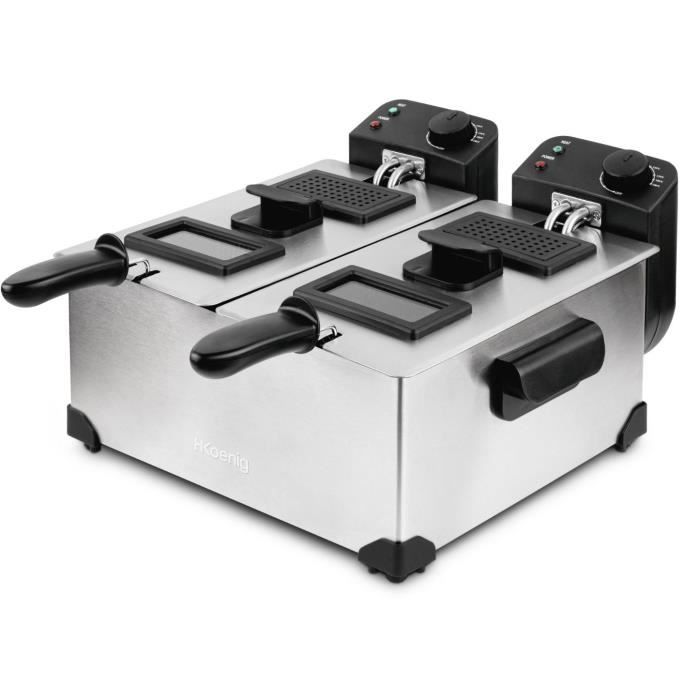 HKoeNIG DFX600 - Friteuse double bac 2x3L - 3600W - 2 thermostats indÈpendants - Paniers amovibles - Filtres anti-odeurs - Acier