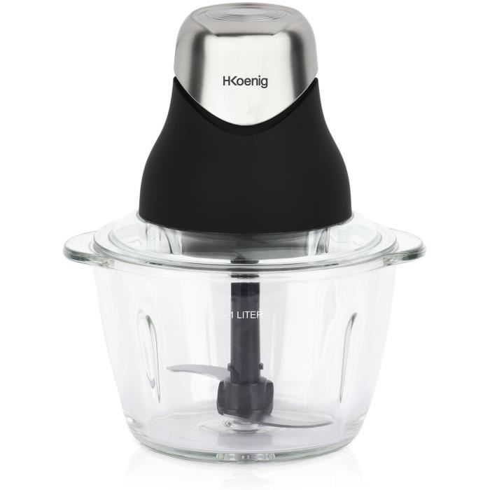 Mini hachoir électrique - H.Koenig - LEO8 - 320 W - Bol en verre 1 L - Lames en acier inoxydable - Noir mat et chrome