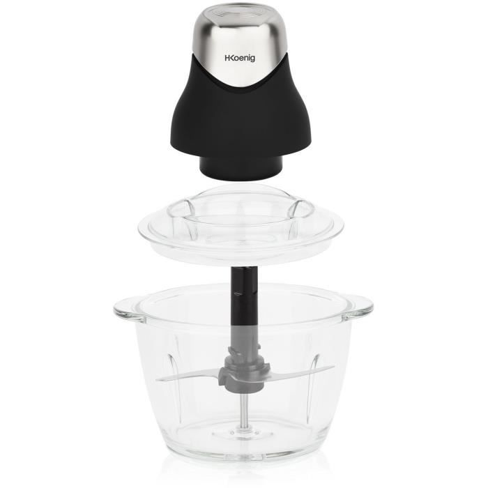 Mini hachoir électrique - H.Koenig - LEO8 - 320 W - Bol en verre 1 L - Lames en acier inoxydable - Noir mat et chrome