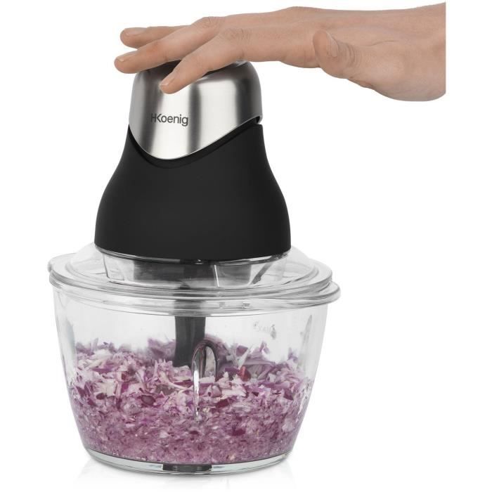 Mini hachoir électrique - H.Koenig - LEO8 - 320 W - Bol en verre 1 L - Lames en acier inoxydable - Noir mat et chrome