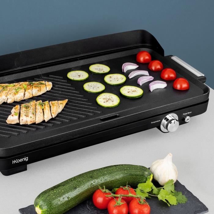 Plancha double zones HKoeNIG GRX330 - 50x25cm - 1800W avec revetement anti-adhÈsif et fonction turbo zone grill