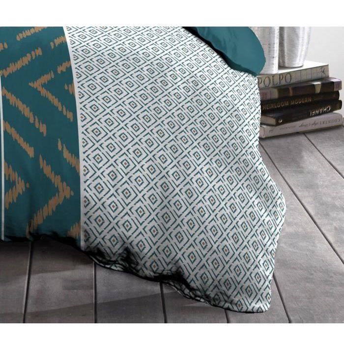 Parure de couette microfibre Ethno - 1 housse de couette 140x200 cm + 1 taie d'oreiller 63x63 cm - Bleu canard - HOME LINGE PASSION