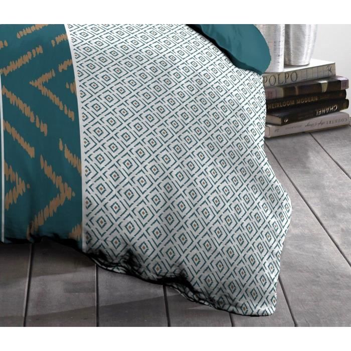 Parure de couette microfibre Ethno - 1 housse de couette 240x260 cm + 2 taies d'oreiller 63x63 cm - Bleu Canard - HOME LINGE