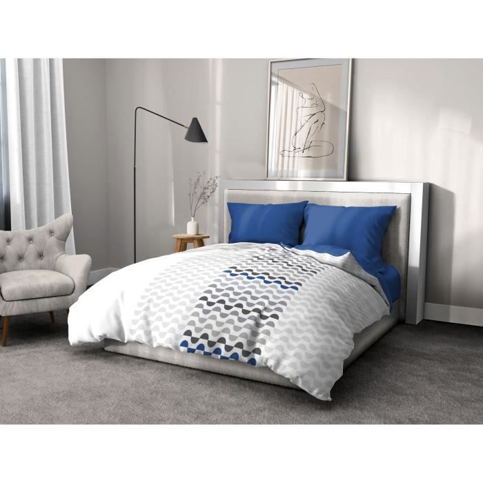 Parure de couette microfibre AMBROISIE - 1 housse de couette 240 x 260 cm + 2 taies d'oreiller 63 x 63 cm - Bleu