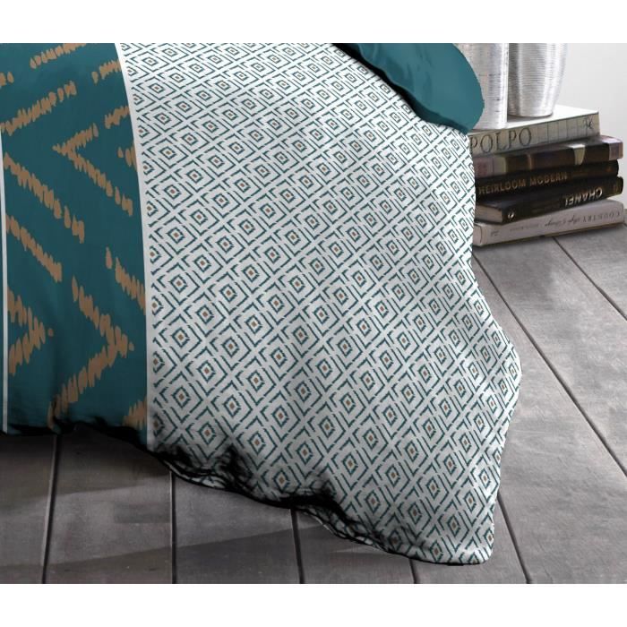 Parure de couette Microfibre ETHNO 220x240cm et 2 taies d'oreillers 63x63cm Bleu Canard