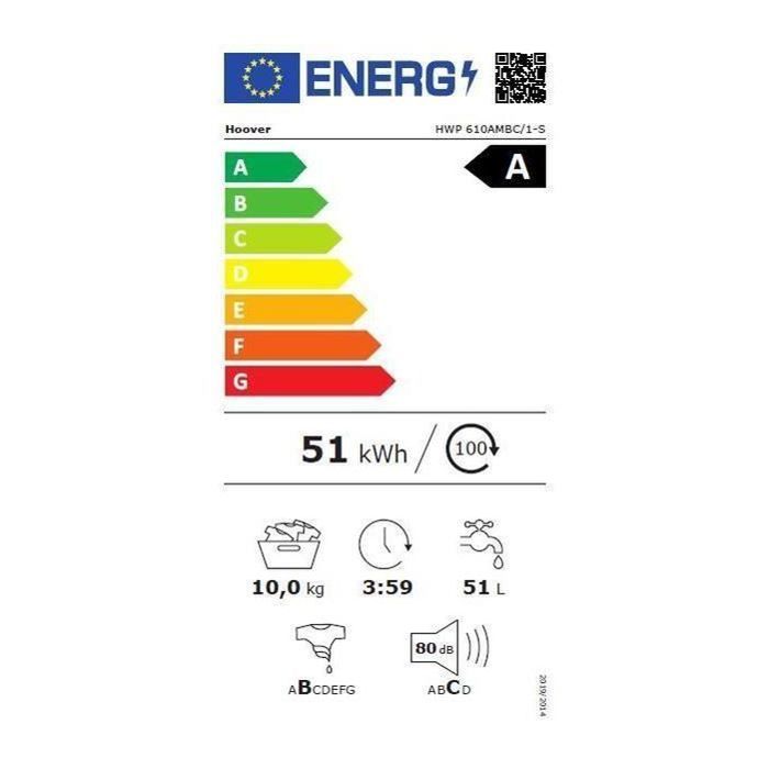 Lave-linge hublot HOOVER HWP 610AMBC/1-S - 10 kg - Induction - 1600 trs/min - Classe A - Connecté - Vapeur - Blanc