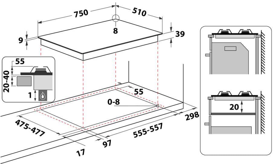 HOTPOINT PNN 751 IX Plaque de cuisson gaz - 5 foyers - 10,5kW - L75 x P51cm - Revetement inox - Inox
