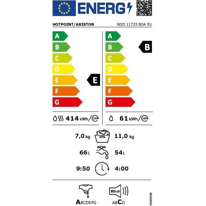 Lave-linge séchant HOTPOINT NDD11725BDAEU - 11 / 7 kg - Induction - L60cm - 1600 trs/min - Noir