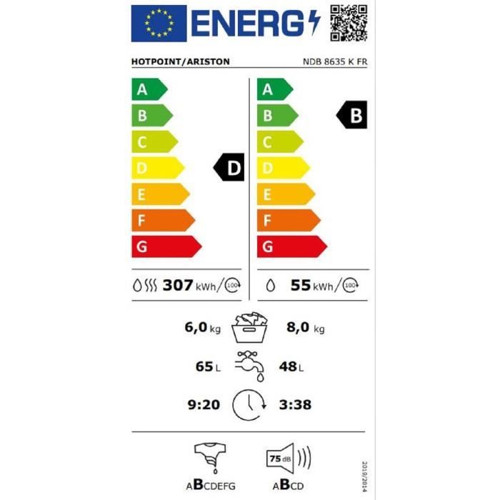 Lave-linge séchant HOTPOINT NDB8635KFR - 8 / 6 kg - Induction - L60cm - 1400 trs/min - Blanc