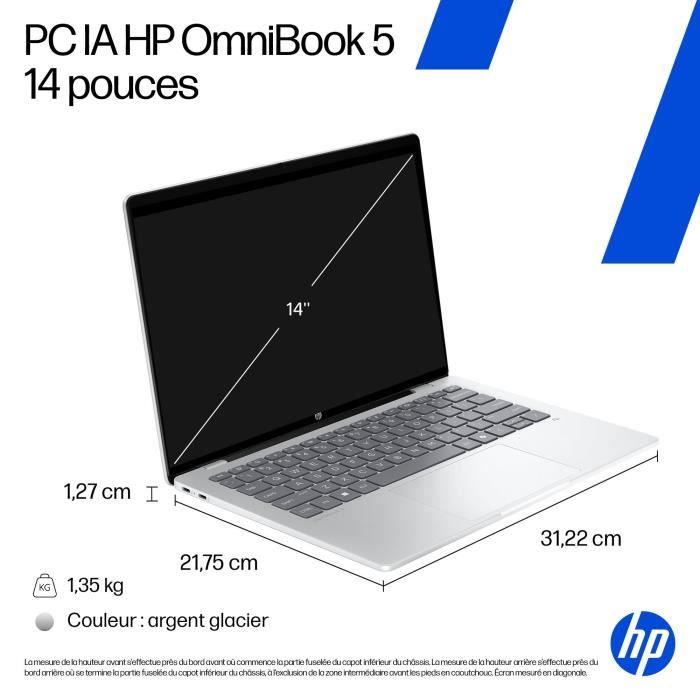 PC Portable HP OmniBook 5 14-he0018nf - Windows 11 - 14 2K OLED - Snapdragon X1-26-100 - RAM 16Go - Stockage 512Go SSD - AZERTY