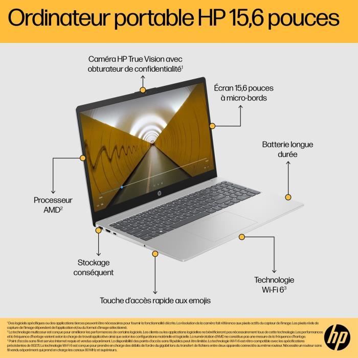 PC Portable HP 15-fc0071nf - Windows 11 - 15,6 FHD - Ryzen 5-7520U - RAM 16Go - Stockage 512Go SSD - AZERTY