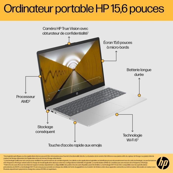 PC Portable HP 15-fc0164nf - Windows 11 - 15,6 FHD IPS - Ryzen 7 7730U - RAM 32Go - Stockage 512Go SSD - AZERTY