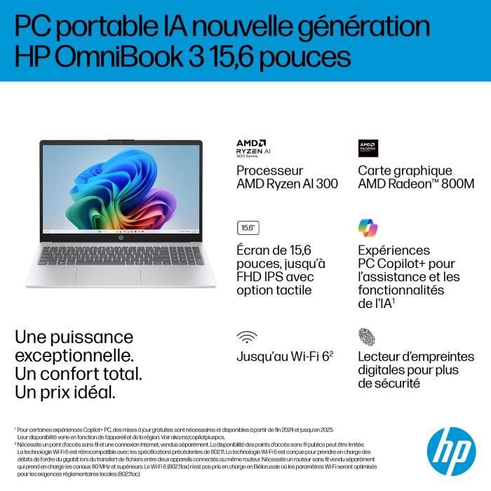 PC Portable HP Omnibook 3 15-fn0018nf - Windows 11 - 15,6 FHD IPS - Ryzen AI 5 340 - RAM 24Go - Stockage 512Go SSD - AZERTY
