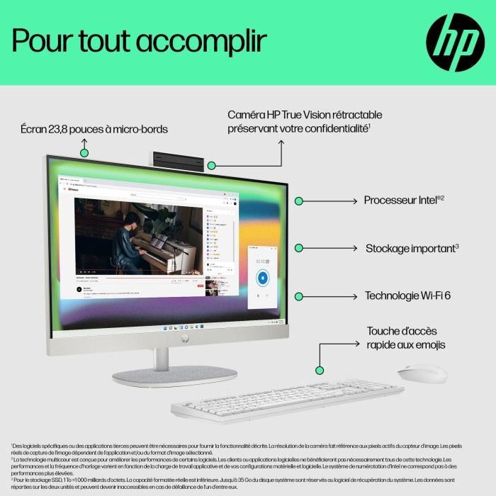 PC Tout-en-un HP 24-cr0060nf - Windows 11 - 23,8 FHD - Celeron N100 - RAM 8Go - Stockage 256Go SSD - Clavier et souris filaires