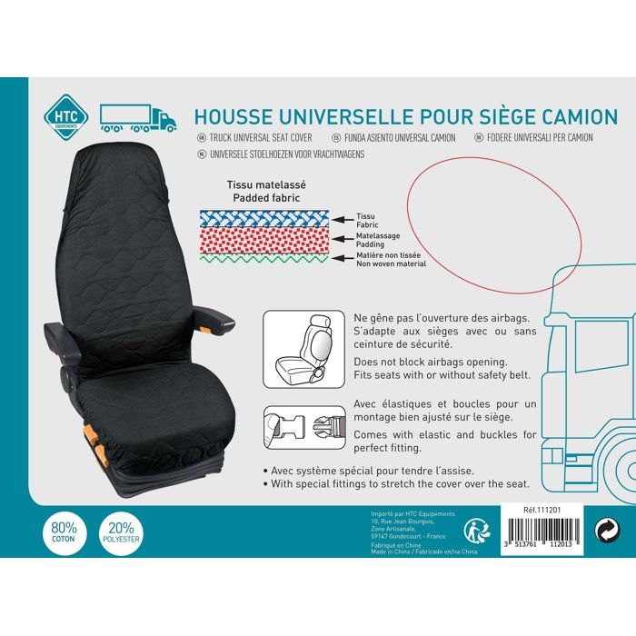 Housse universelle HTC EQUIPEMENTS pour siege de camion en coton matelassé noir 80% coton et 20% polyester