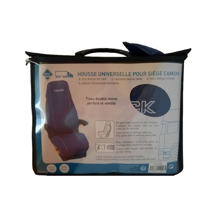Housse universelle HTC EQUIPEMENTS pour siege de camion matelasse bleu avec le logo TRUCK 80% coton 20% polyester