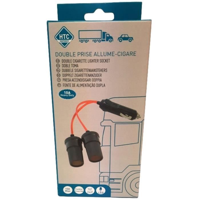 Double prise allume cigare 12V/24V-HTC EQUIPEMENTS-Haute puissance 10A.Avec cordon rouge 20cm,fusible et LED de fonctionnement rouge