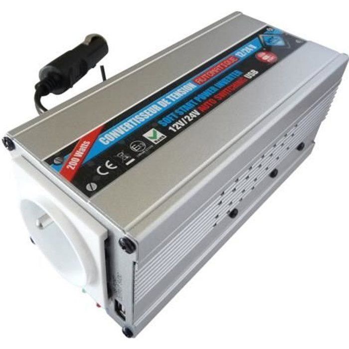 Convertisseur 12V / 24V automatique vers 220V- HTC TECHNIC- 200W avec prise USB-A 0.5A