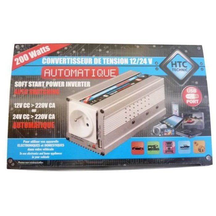 Convertisseur 12V / 24V automatique vers 220V- HTC TECHNIC- 200W avec prise USB-A 0.5A