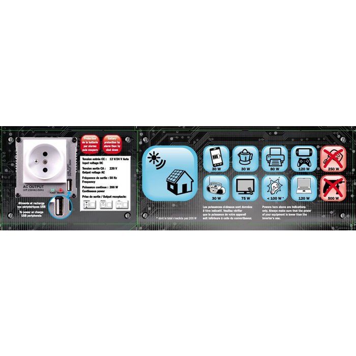 Convertisseur 12V / 24V automatique vers 220V- HTC TECHNIC- 200W avec prise USB-A 0.5A