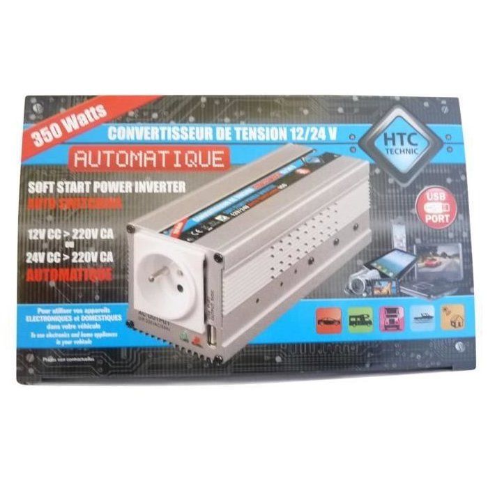 Convertisseur 12V / 24V automatique vers 220V- HTC TECHNIC- 350W avec prise USB-A 0.5A