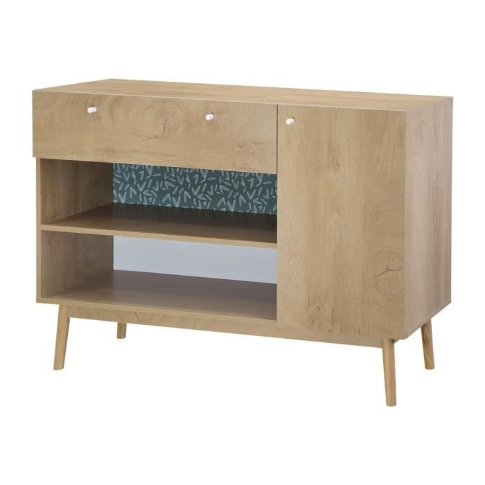 Buffet 1 portes 1 tiroir - DÈcor chene et vert - Pieds en bois massif - L 123 x P 40 xH 85 cm - GARDENIA